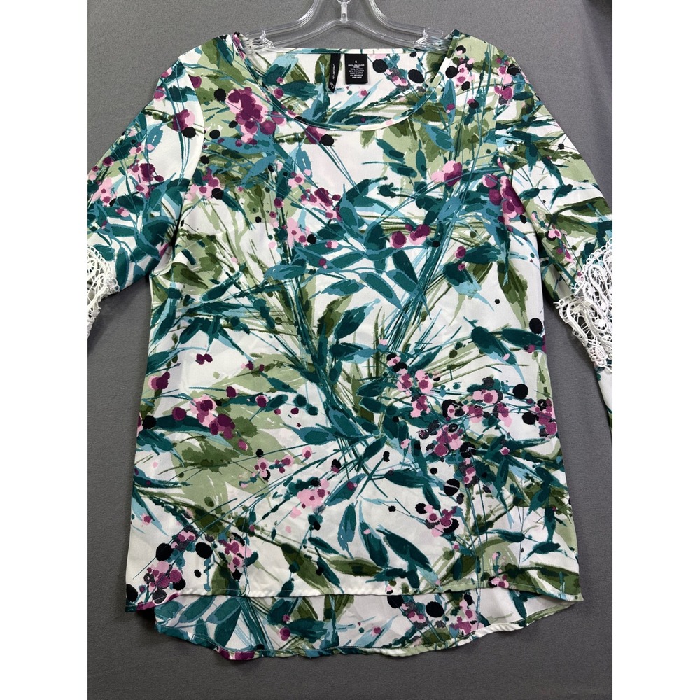 New Directions Women Small Floral Bell Sleeve Crochet Lace Blouse Green Purple